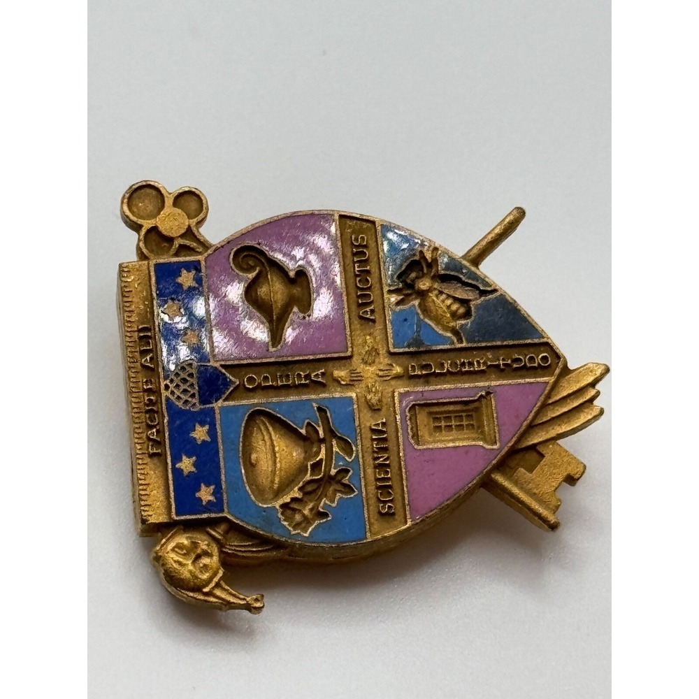 Vintage Fraternity School Opera Scientia Auctus Pulchrituoo Enamel Brooch Pin - Picture 4 of 8